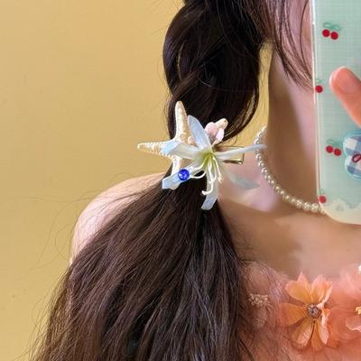 Hair Clip Blue Flowers Starfish Decoration Hair Pin Beach-themed Hair Barrette Tropical Hair Accessory Daily Wear