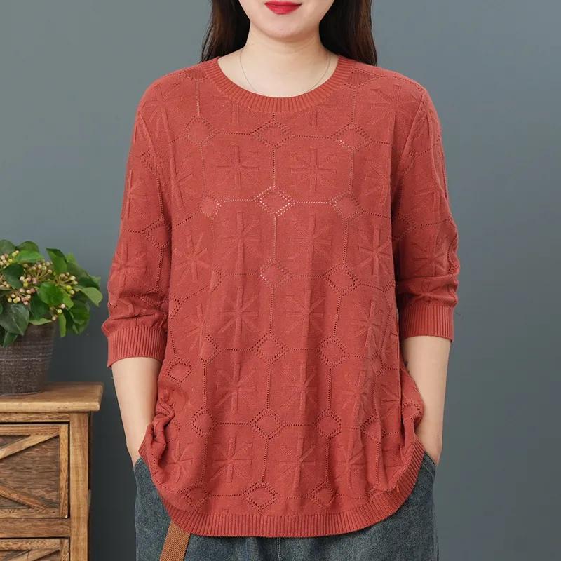 Autumn Round Neck Cotton Casual Loose Three-quarter Sleeve Knit Sweater Women Retro Literary Loose Thin T-shirt Women