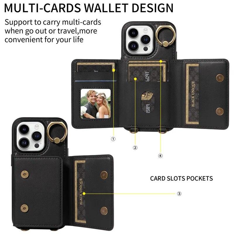 Ring Lanyard Leder Brieftasche Fall für iPhone 15 Pro Max 14 Plus 13 Pro 12 Samsung Galaxy S24 Ultra S23 S22 21 FE A25 A15 A54 A34 A14 Flip Telefon Abdeckung