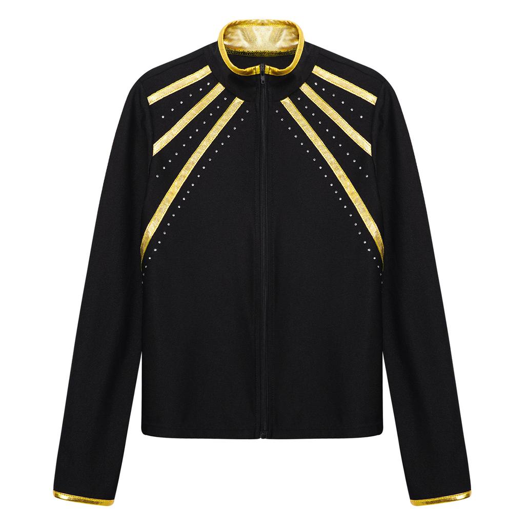 Sweat à capuche enfant scintillant avec strass et rayures métalliques, fermeture éclair, col montant, manches longues pour le patinage artistique, la gymnastique, l'entraînement