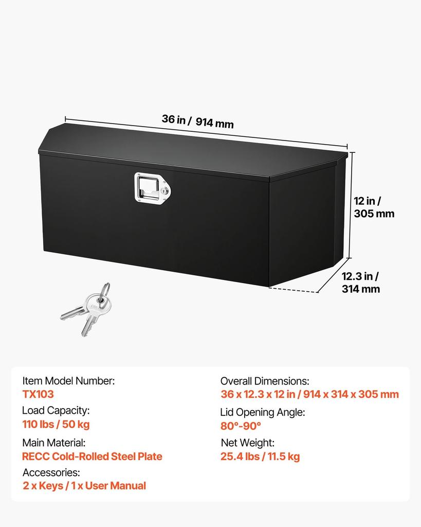 Trailer Tongue Box, 914 x 314 x 305 mm Steel Trailer Tongue Tool Box, Heavy Duty Storage Organizer with Lock and Keys, Utility Tool Chest for Pickup