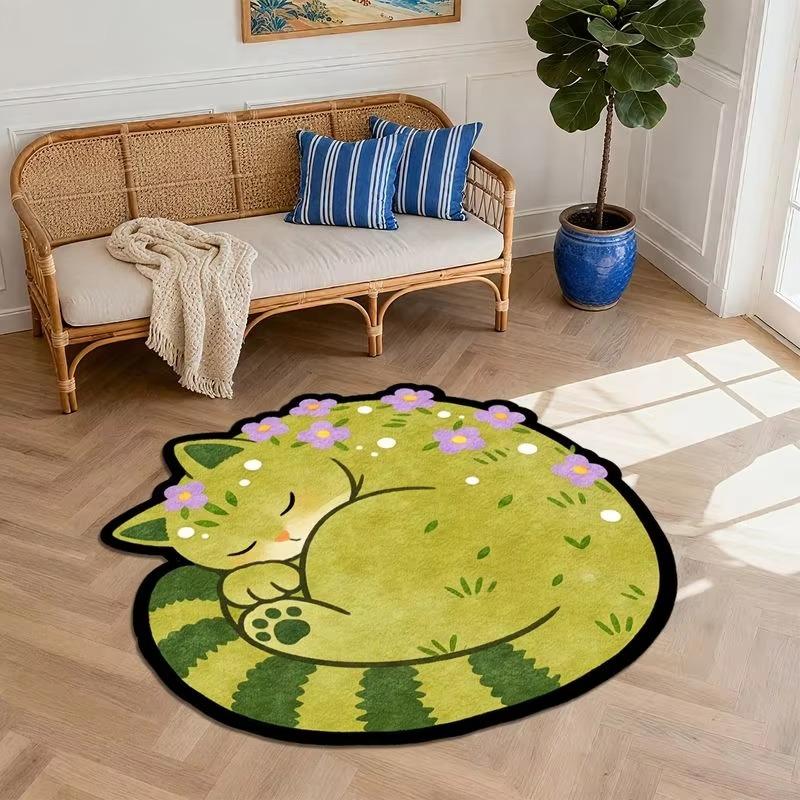 Cute Curled Sleeping Cat Shaped Rug Floral Plant Print Non‑Slip Floor Mat For Kids Room Bedroom Indoor Home Decor