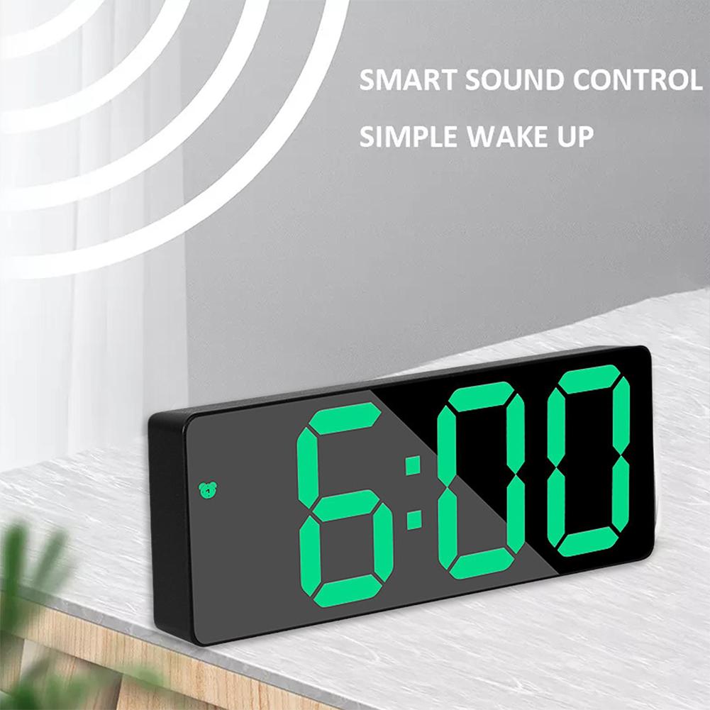 Table Digital Alarm Clock for Bedroom,Mirror Surface LED Electronic Clocks,Adjustable Brightness, Snooze Model,Voice Control