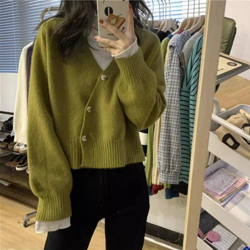Women Sweater Cardigan Knitted Vneck Diagonal Button Autumn And Spring Solid Long Sleeve Loose Sweater Cardigan Female Top