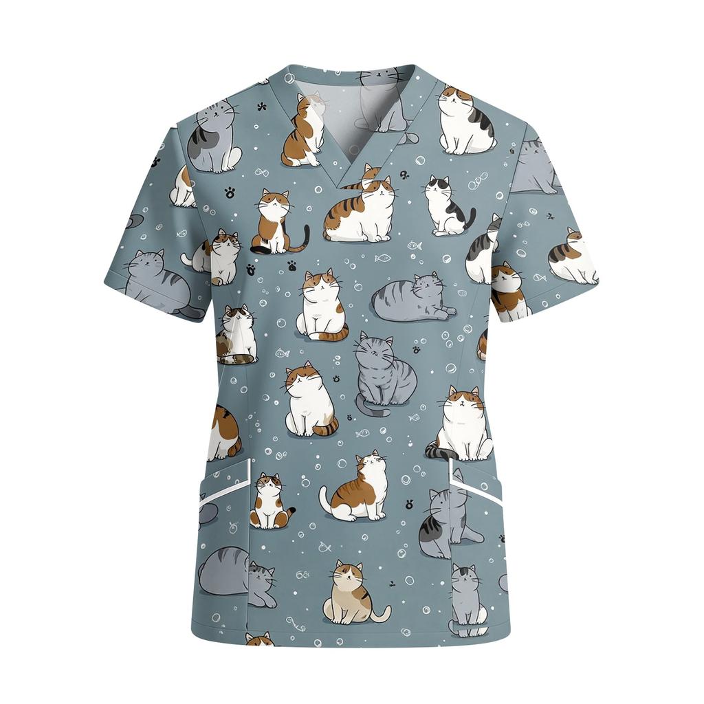 Women V Neck Short Sleeve Work Shirt with Pockets Animal Print Top Medical Uniform Scrub Blouse Relaxed Fit Durable Fabric