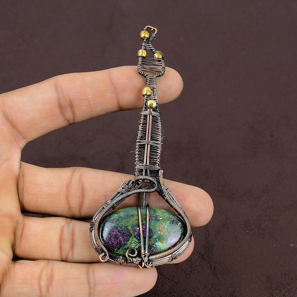 Guitar Ruby Zoisite Lab-Created Handmade Copper Wire Wrap Pendant 4.25" V2e81