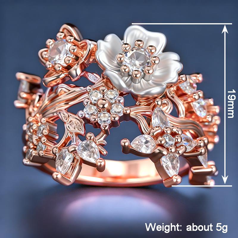 Huitan Aesthetic Two Tone Flowers Rings for Women Wedding Party Romantic Floral Design Female Ring Gift Creative Trendy Jewelry