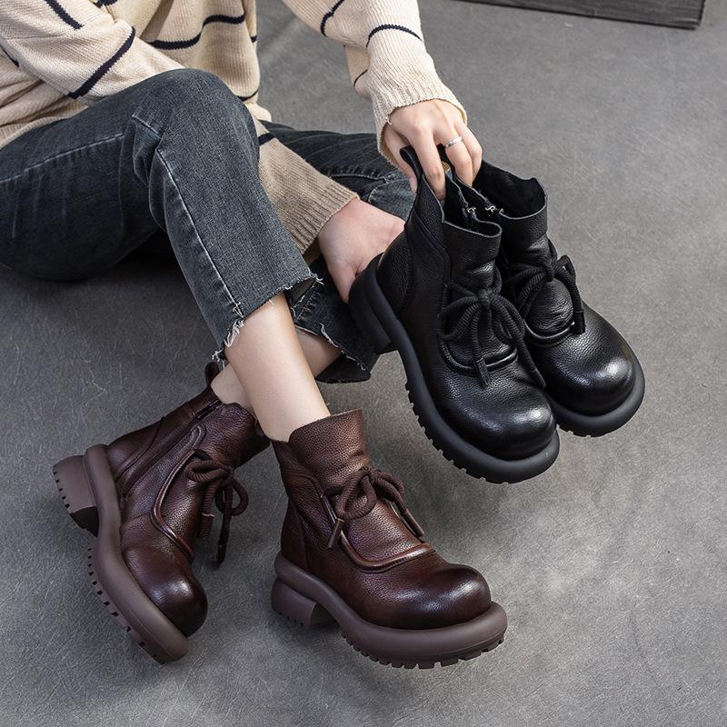 Fashion GKTINOO 2024 Winter New Versatile Women's Shoes Retro Genuine Leather Round Toe Thick Bottom Short Boots