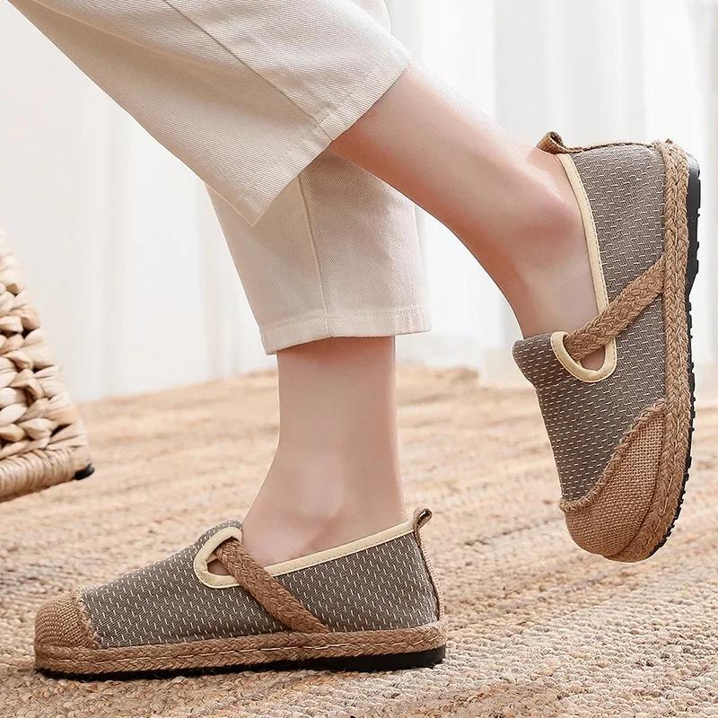 Fashion Women Striped Linen Canvas Flat Shoes Vegan Hemp Comfortable Ladies Casual Espadrilles Loafers Grey Blue 2024