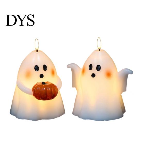 Halloween Ghost Decoration Flameless Candle, Cute Holding BOO Letter Tealight, Small Desk Glow Props Battery Operated LED Flickering Light for