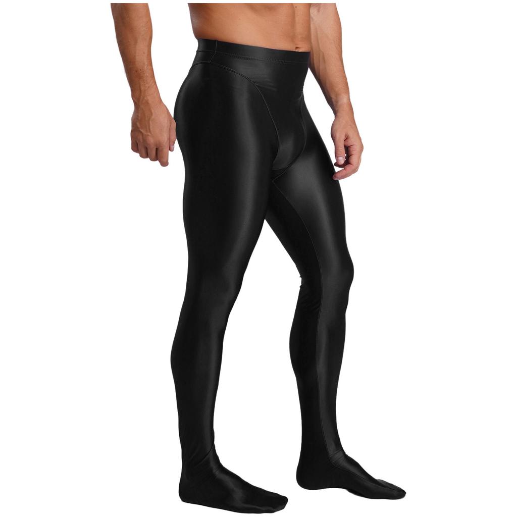 Mens Glossy Stretchy High Waist Fake Two Piece Tights Pants Leggings Yoga Wear