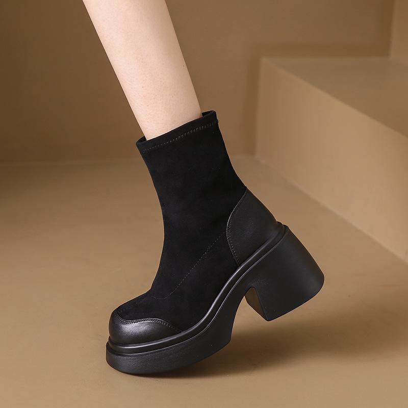 Kurze Stiefel Damen Herbst und Winter 2024 neue hochelastische Stiefel dünne Stiefel dicker Absatz dicke Sohle mittelschwere Stoffstiefel