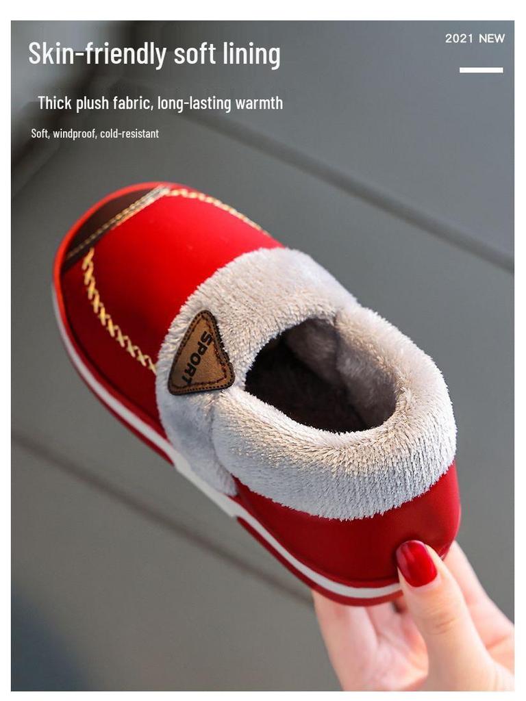 Waterproof Non-Slip Winter Warm Cotton Slippers with Velvet & PU Leather for Men, Women, & Kids