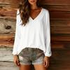 Women's Fashionable Solid Color V Neck Long Sleeved Casual Pullover T-shirt Top