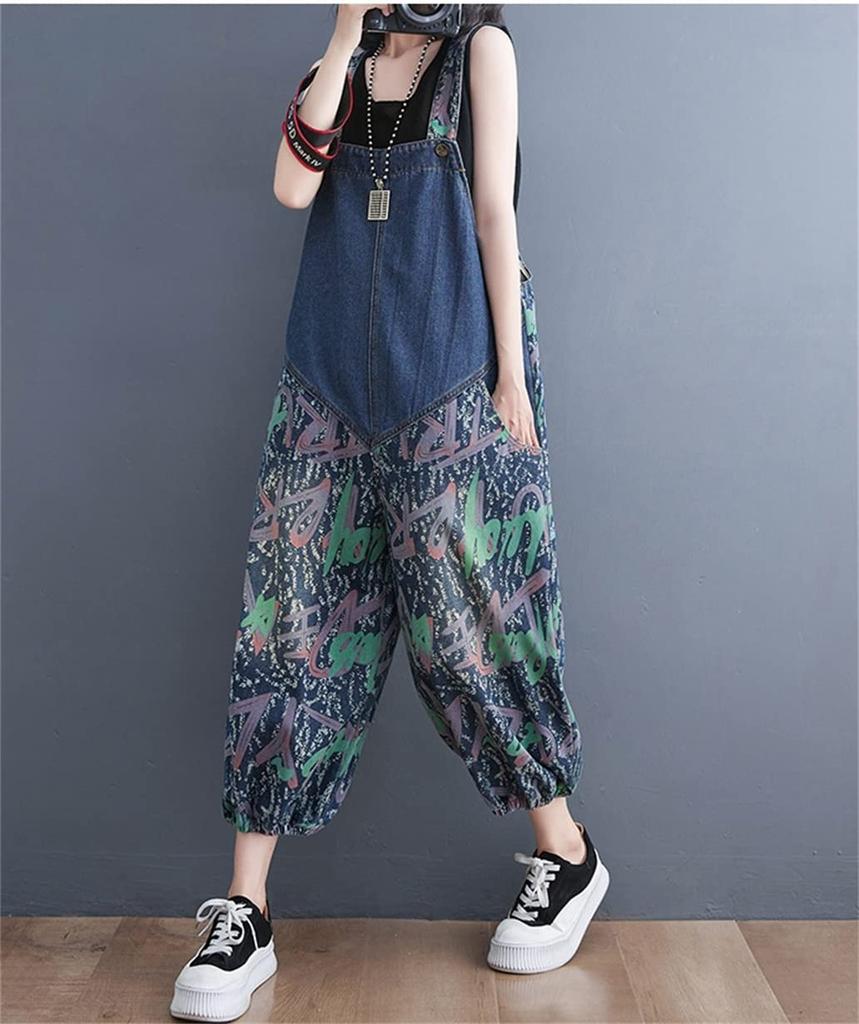 Mouhoukyo Denim Loose Cropped Sizes Women's Overalls, Wide-Leg Pants, Jeans, Fit, Printed, Length, Casual, Flattering, M-2XL, Spring/Autumn (Color