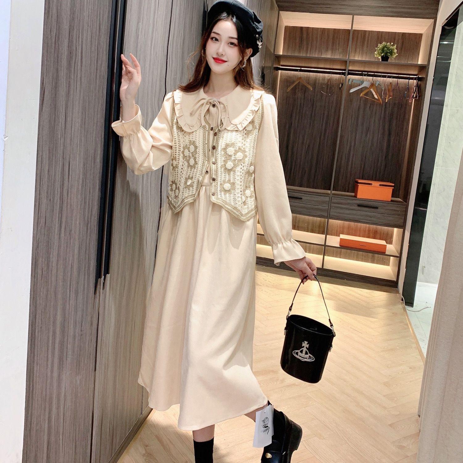 

Two-Piece Knit Vest and French Retro Dress for Women - 2023 Spring/Autumn Collection, Slimming Waist, Mid-Length Skirt L 53-57kg