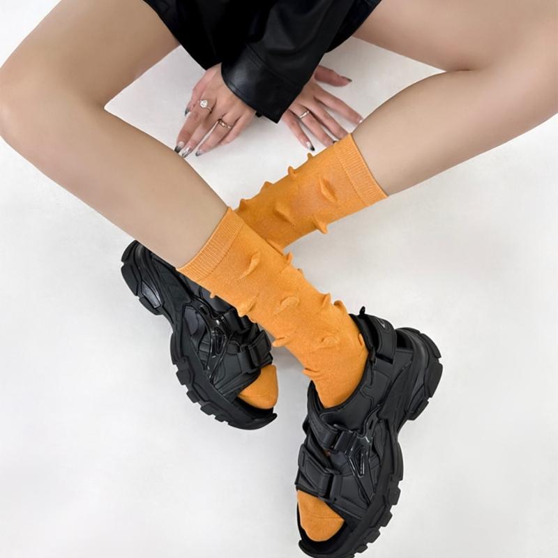 Womens Harajuku Cotton Crew Socks 3D Raised Point Cute Hedgehog Thorns Solid Color Skateboard Middle Tube Calf Socks
