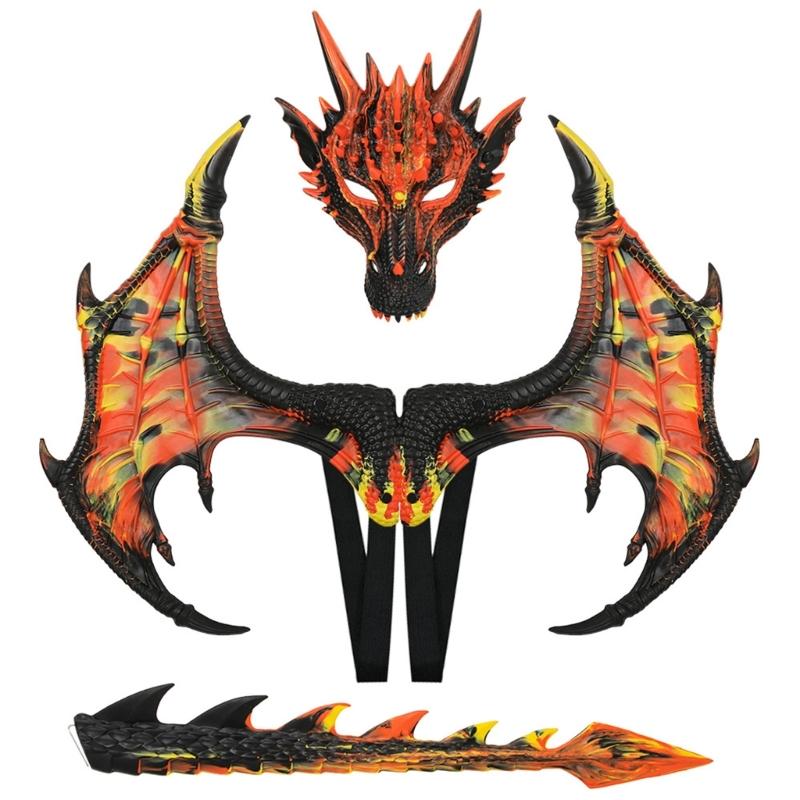 Drachenkostüm für Kinder Jungen Mädchen, Drachenflügel Schwanz Masken-Set, Halloween Dinosaurier Cosplay Kostüm Zubehör