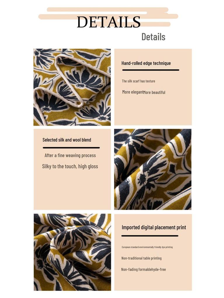 Luxury Hand-Rolled Double-Sided Wool Silk Scarf with Daisy Print, 70cm Square - Hangzhou Silk Gift Edition