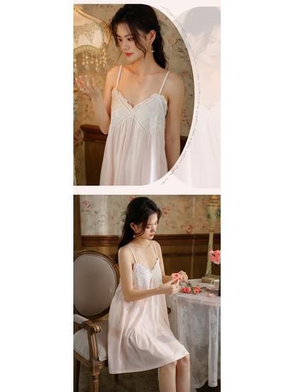 Court Style Lace Camisole Nightgown with Bra Pads - Sexy Cotton Long Sleep Dress for Women