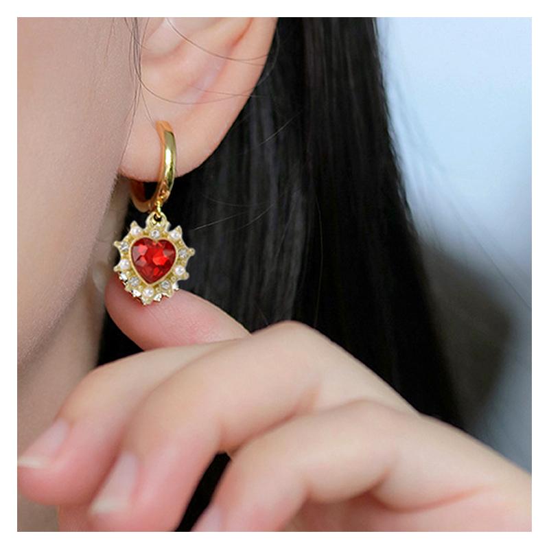 Vintage Red Gemstone Heart Dangle Earrings Gold Plated Baroque Style Pearl Crystal Earrings For Women French Jewelry