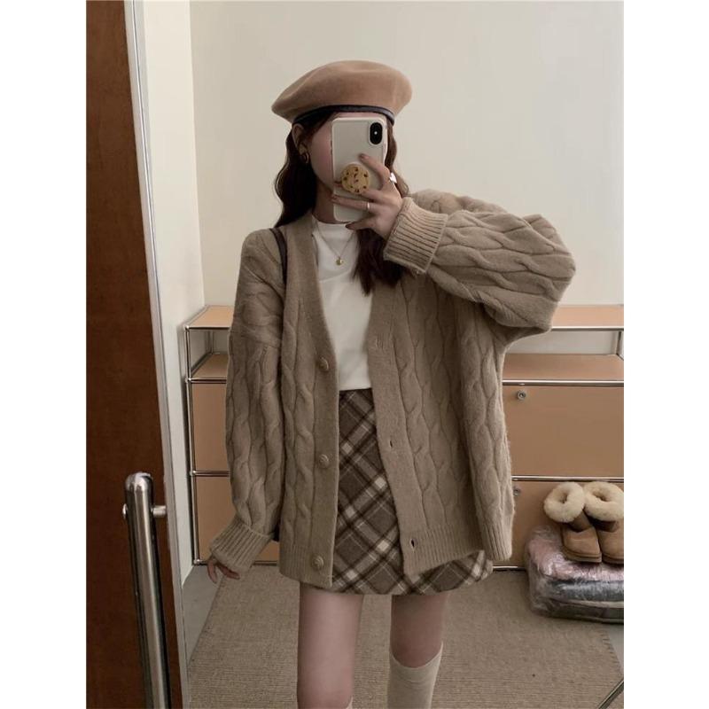 

Твист однотонная куртка-свитер женская осенне-зимняя новая утолщенная свободная с V-образным вырезом верхняя одежда ленивый ветер вязаный кардиган One size верблюд