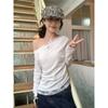 Sweet Hot Girl Style Oblique Shoulder Lace Splicing Long-sleeved T-shirt for Women Early Autumn New Style Off-shoulder Slim Fit Inner Top Trendy