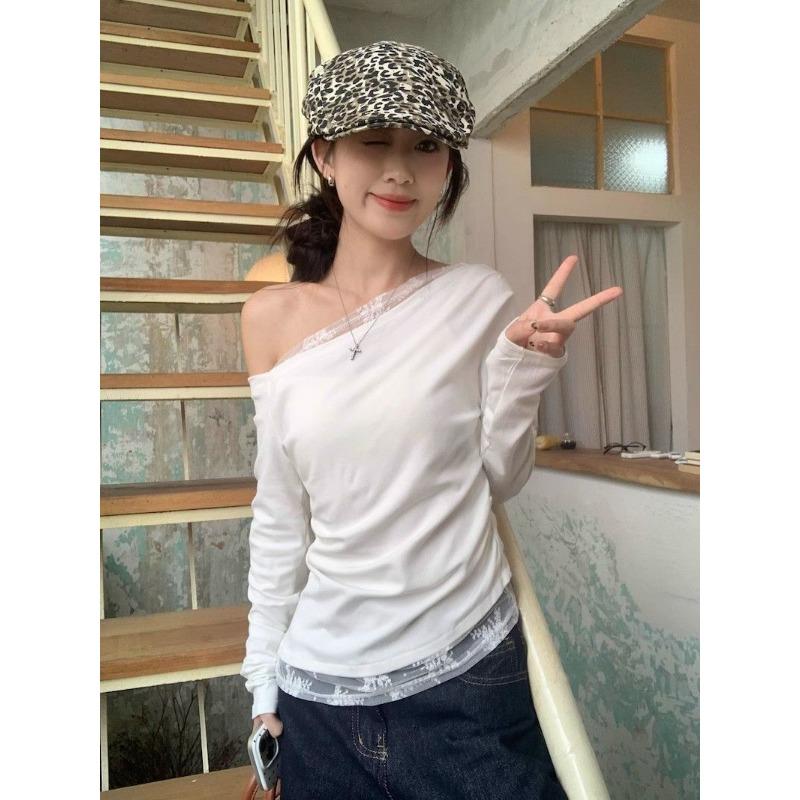 Sweet Hot Girl Style Oblique Shoulder Lace Splicing Long-sleeved T-shirt for Women Early Autumn New Style Off-shoulder Slim Fit Inner Top Trendy