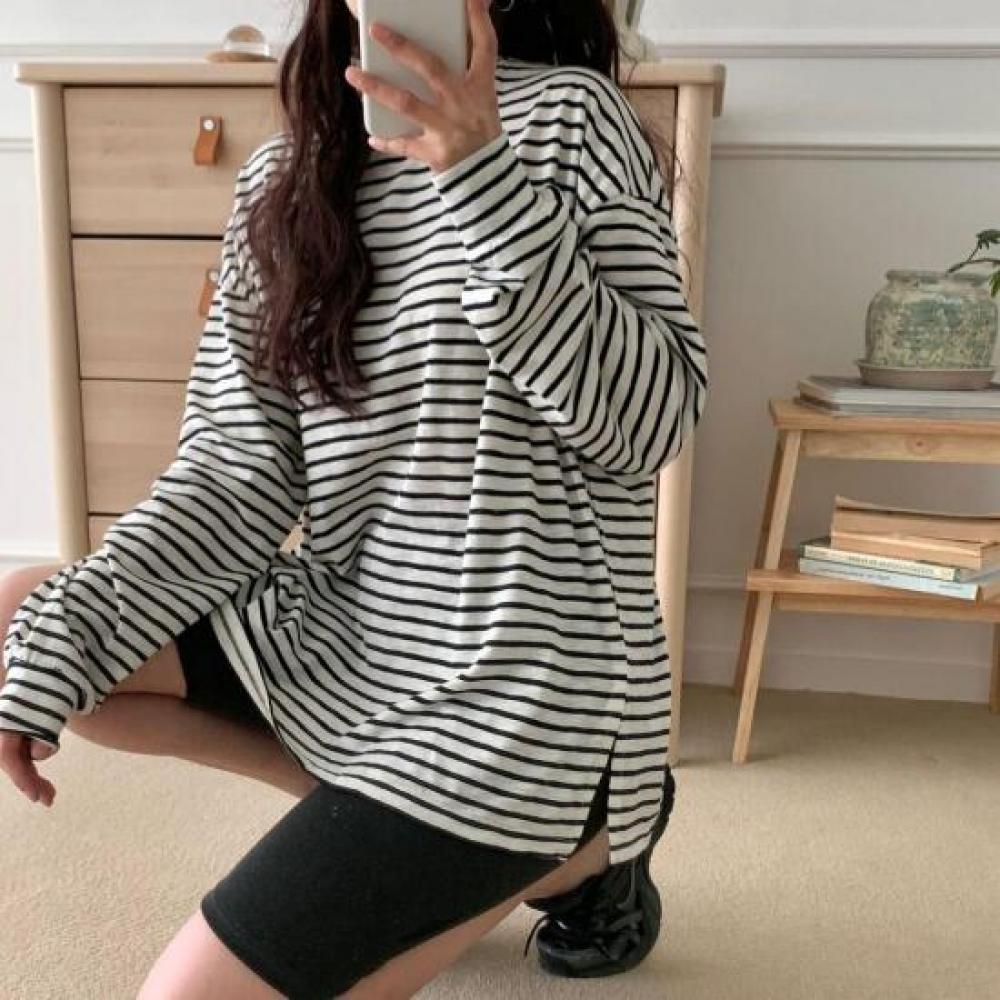 New Arrivals Open Run Women Round Neck Side SliT Long STriped T shirT
