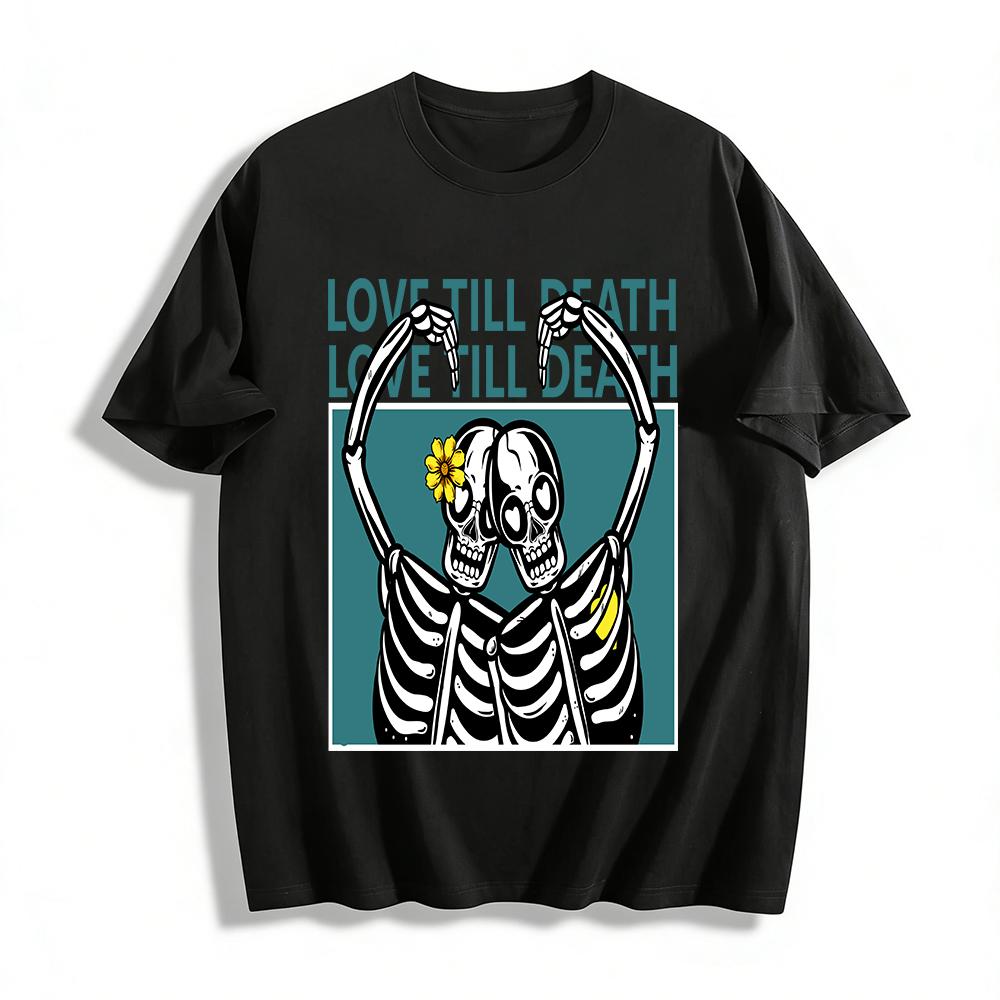 Love Till Death Heart Skull Couple Graphic Casual Tee Pure cotton T-shirt XXS