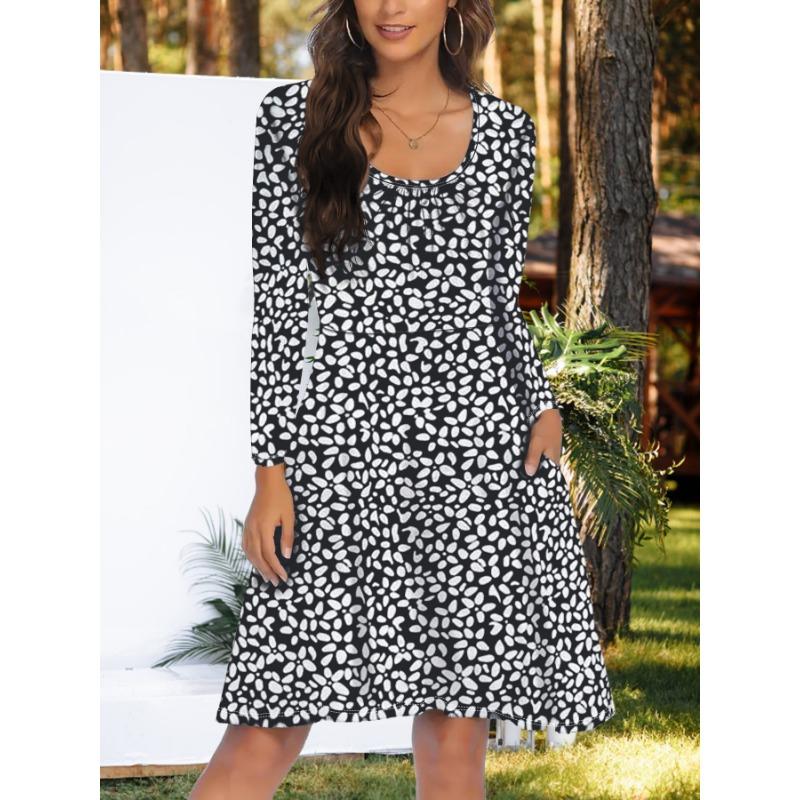 

YYFS Женская мода весна осень цветочный узор принт длинный рукав U-образный вырез высокая талия повседневные платья L чёрный