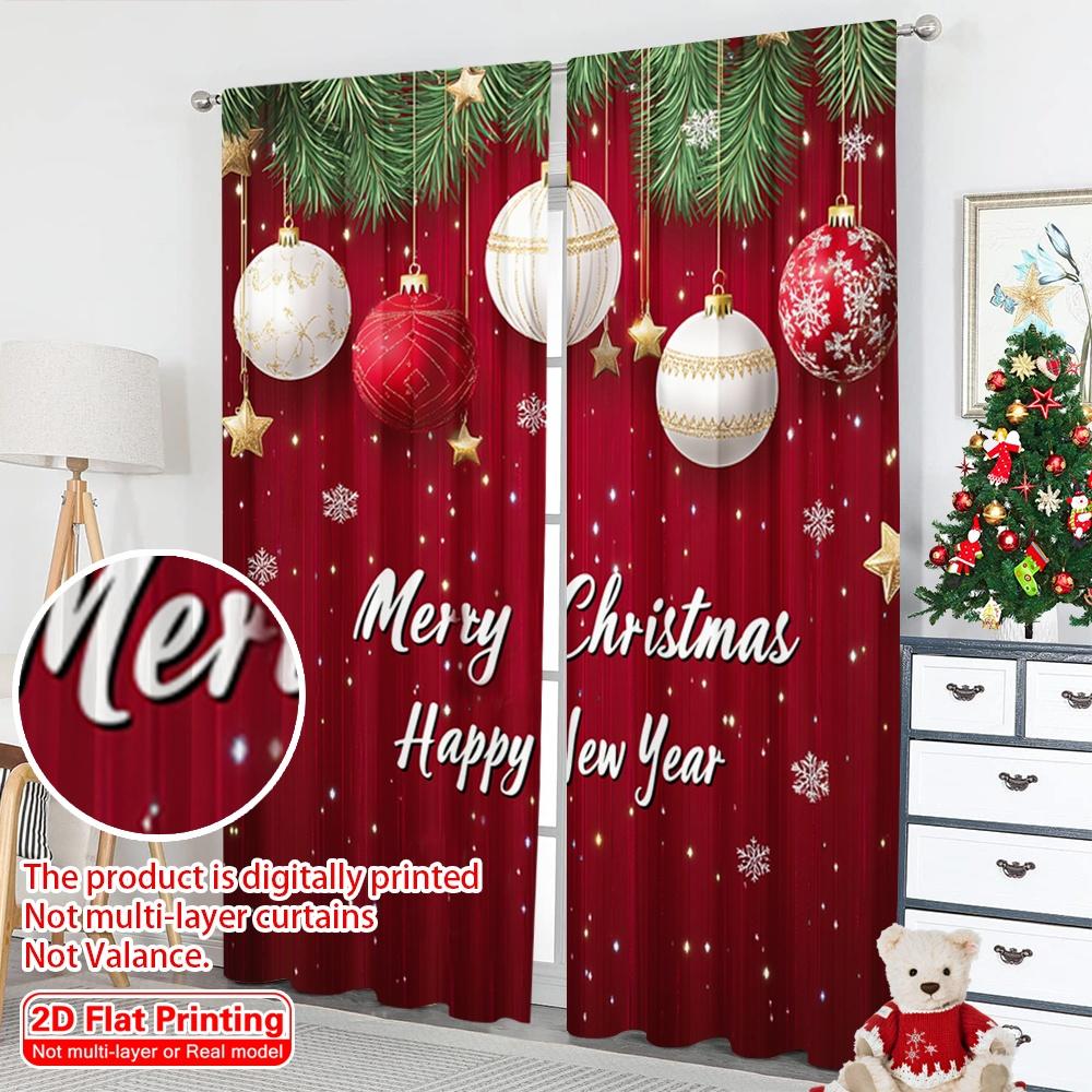 2pcs 2D flat printing Christmas Window Curtains Christmas Background Christmas Gold 100% Polyester Without Electricity Birthday