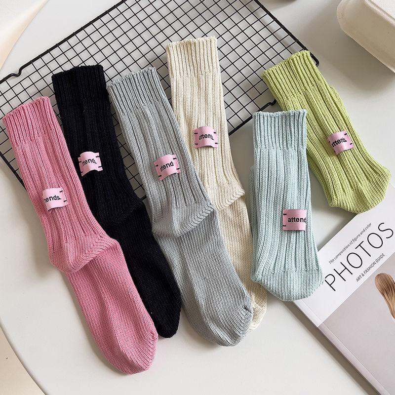 Knitted Middle Tube Socks Retro Pink Label Solid Color Spring Autumn Winter Warm Socks Home Mid-tube Cotton Thick Thread Needles