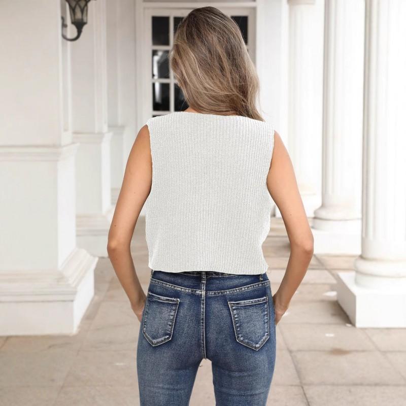 Womens Knit Open Front Cardigan With Embroidered Floral Detail V-Neck Sleeveless Tie-Up Cropped Top