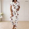 Women Plus Size V Neck Short Sleeve Rose Floral Print White Pajama Loungewear Set