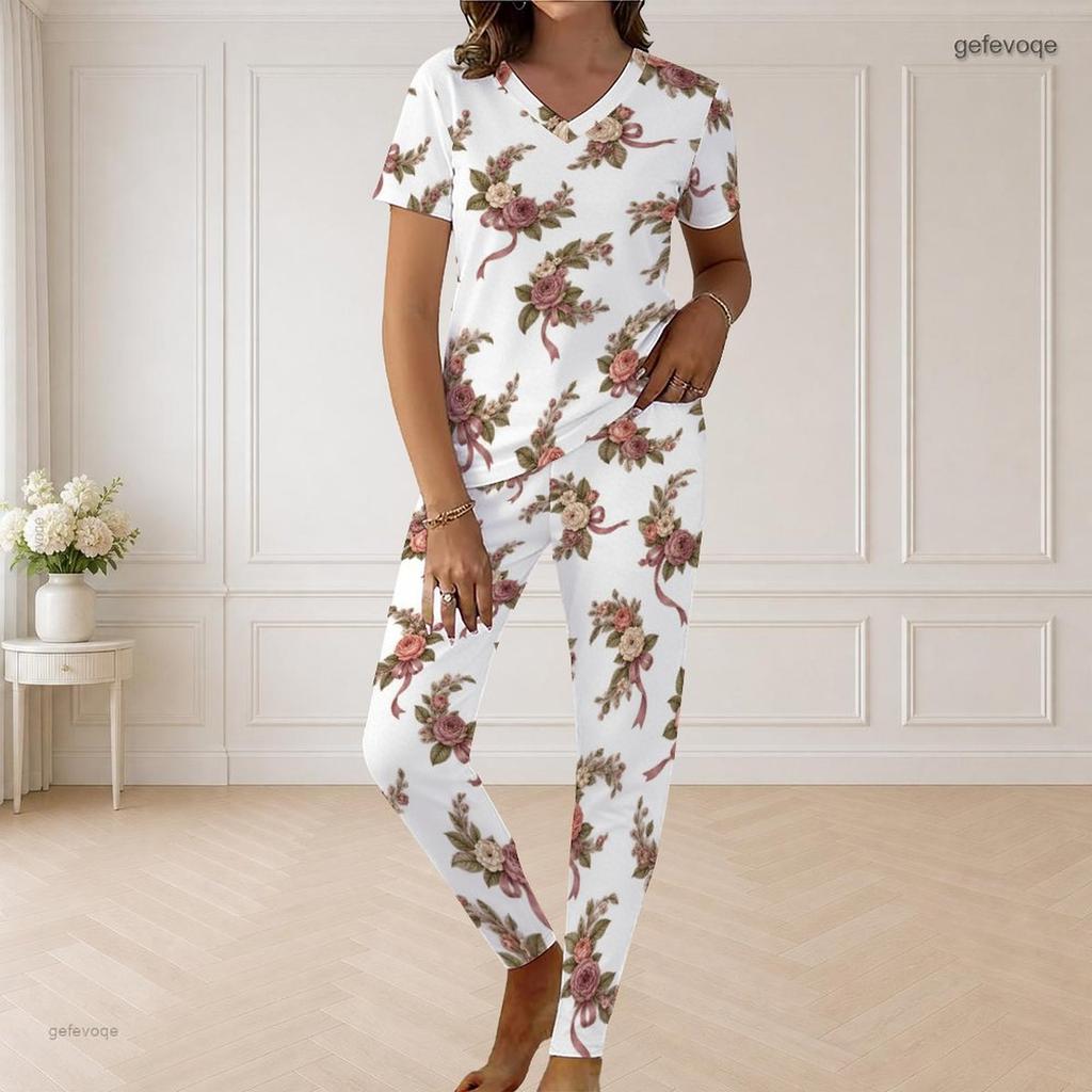 Women Plus Size V Neck Short Sleeve Rose Floral Print White Pajama Loungewear Set