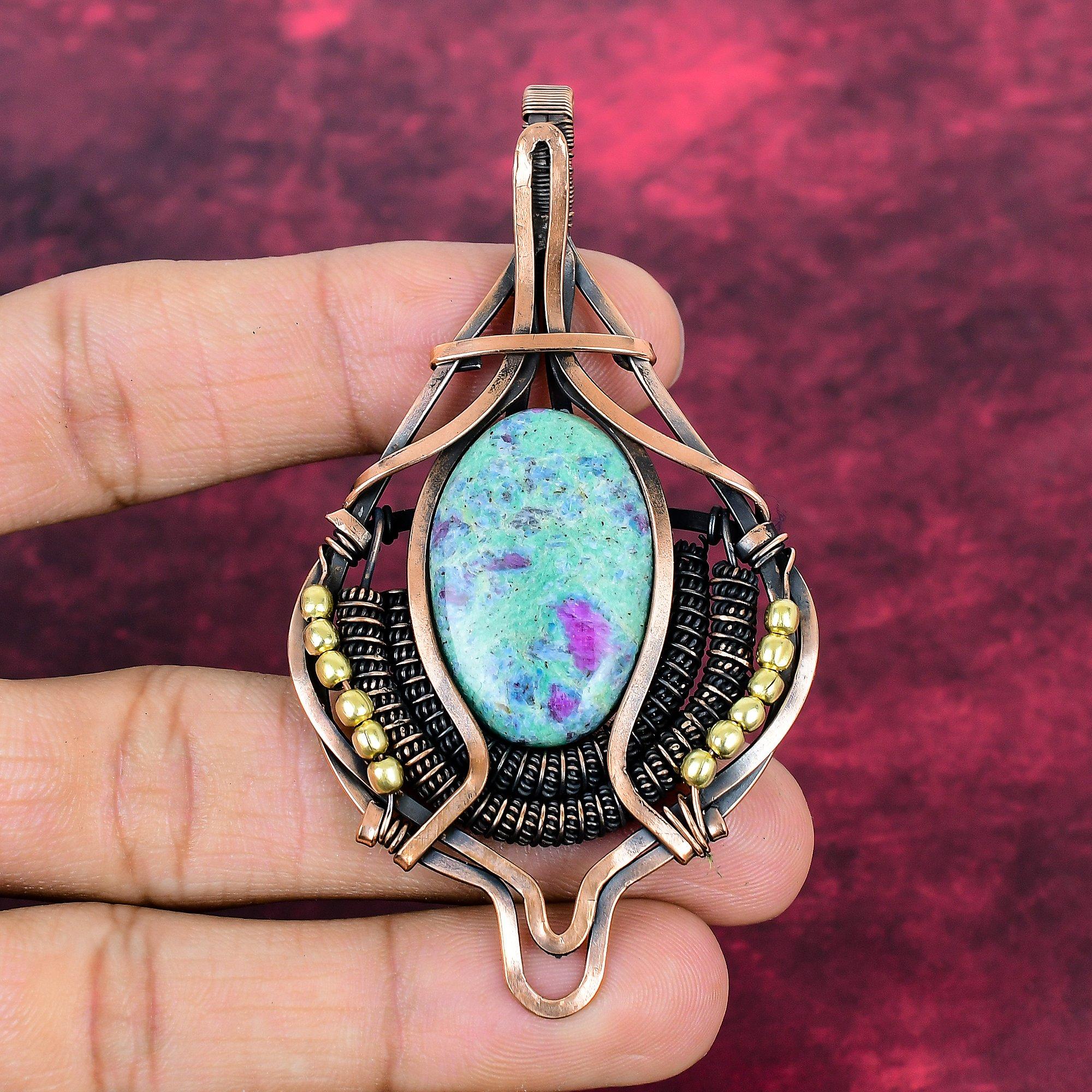 Ruby Fuchsite Real Gemstone Pendant Copper Wire Wrapped Jewelry Handmade Pendant