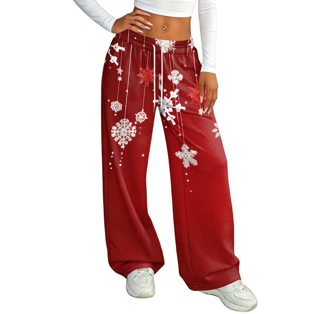 Women's Casual Christmas Print -Lined Loose Fit Straight Leg Pants with and Elastic Waistband