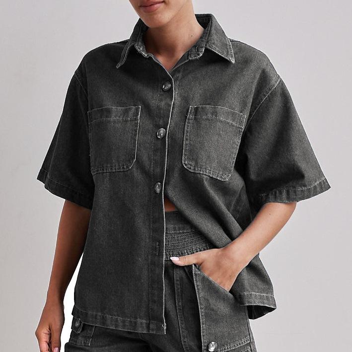 Summer Women's Casual Retro Loose-fitting Shirt and Denim Shorts Set for Street Style with A Unique Touch