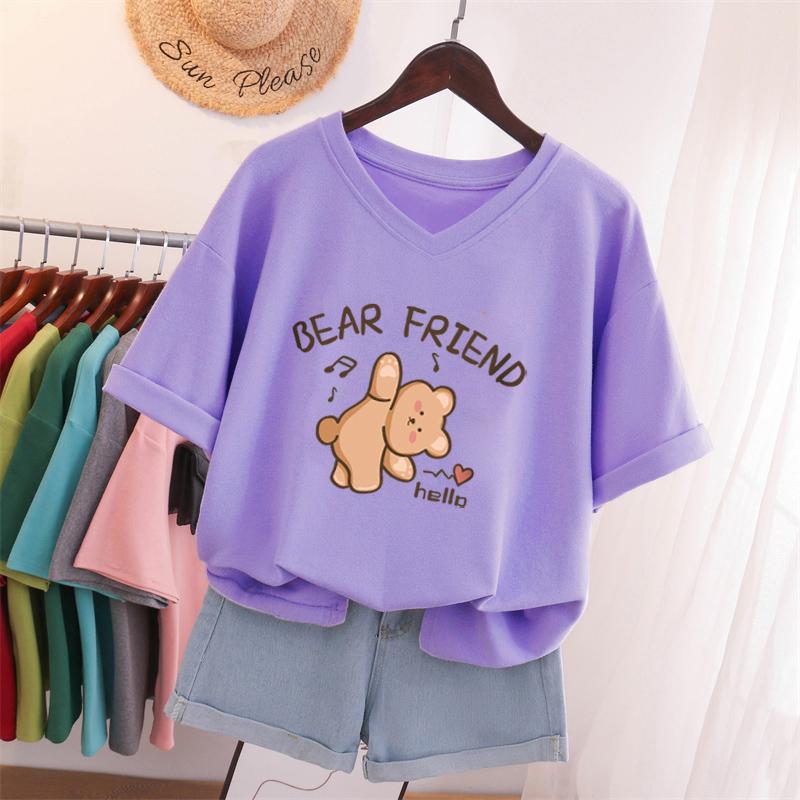 

100 хлопок L-5XL плюс размер футболка с принтом кролика футболка с V-образным вырезом короткий рукав женский топ базовые летние пары однотонные футболки 5XL фиолетовый