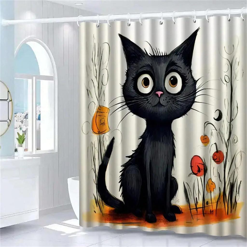 Cute Black Cat with Halloween Pumpkins Shower Curtain, Waterproof Fabric for Festive Bathroom Decor, Perfect for Cat Lovers