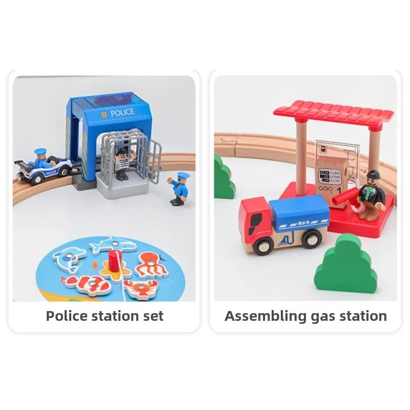 Diy Wooden Train Track Set Police Station Is Compatible with All Brands of Railway Toys Road Accessories for Children Gifts