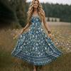 Women Sleeveless Maxi Dress Summer V Neck Long Casual Bohemian Style Spaghetti Strap Printed Sundress with Flared Hem