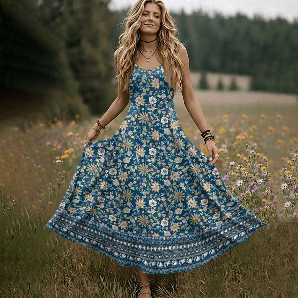 Women Sleeveless Maxi Dress Summer V Neck Long Casual Bohemian Style Spaghetti Strap Printed Sundress with Flared Hem
