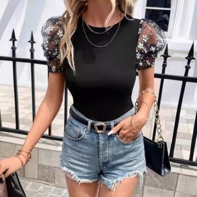 Women Solid Flower Pattern Crew Neck Mesh Petal Puff Short Sleeve Fitted Casual T Shirt