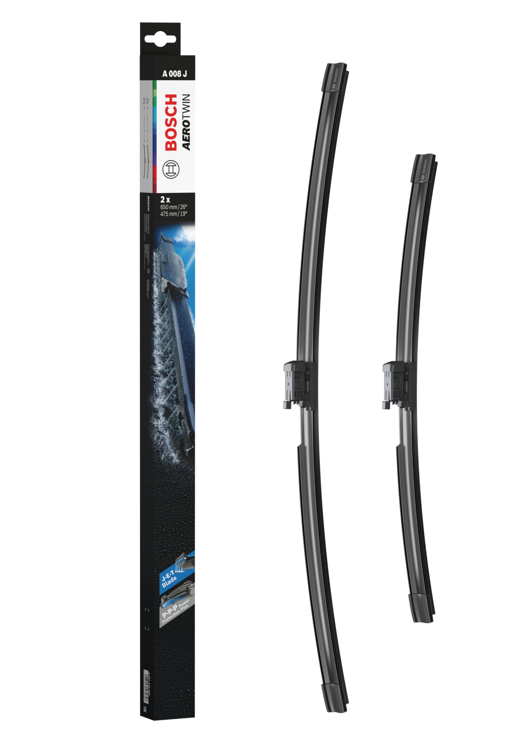 

BOSCH AeroTwin JET Flat Wiper Blades for Imported A008J Vehicles, Model-Specific Set, 650mm/475mm,
