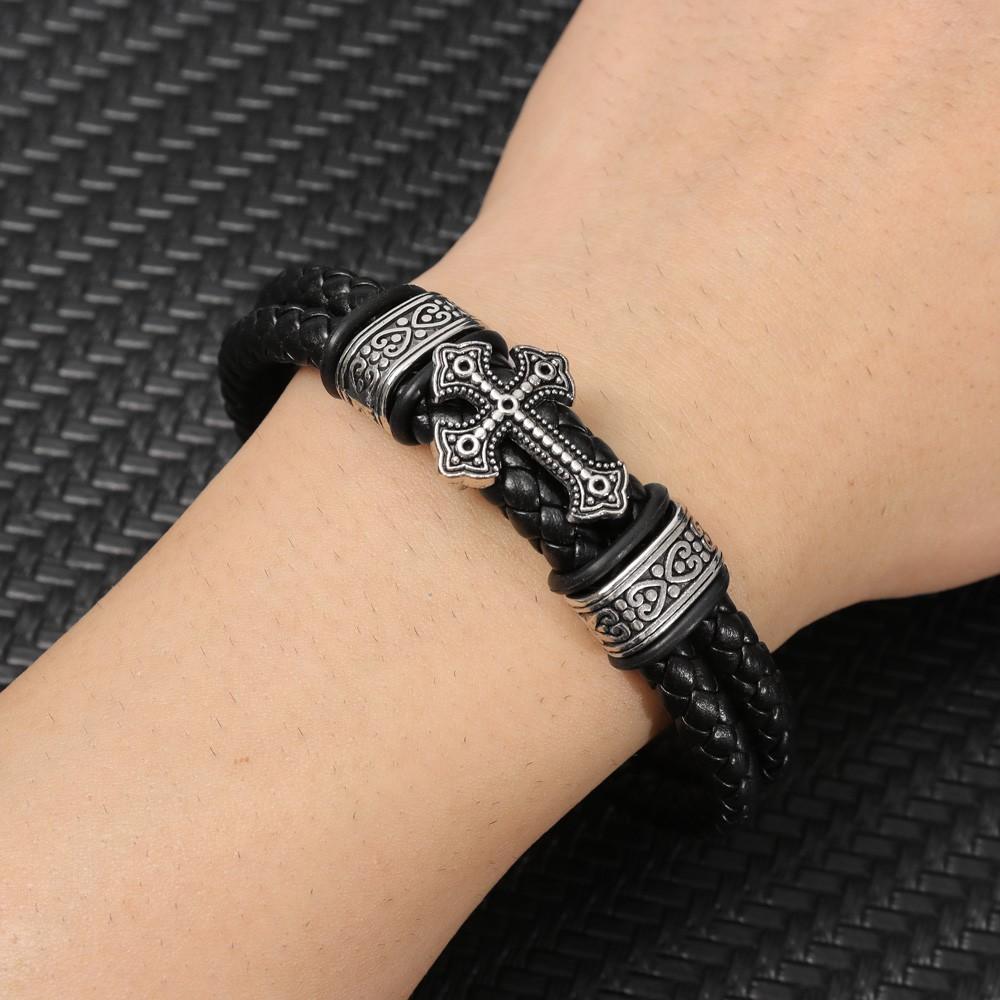 Винтажный кожаный браслет-крест с двойным слоем Очаровательный мужской браслет Рождественский подарок Подарок на День святого Валентина Защитное ювелирное изделие Подарок чёрный