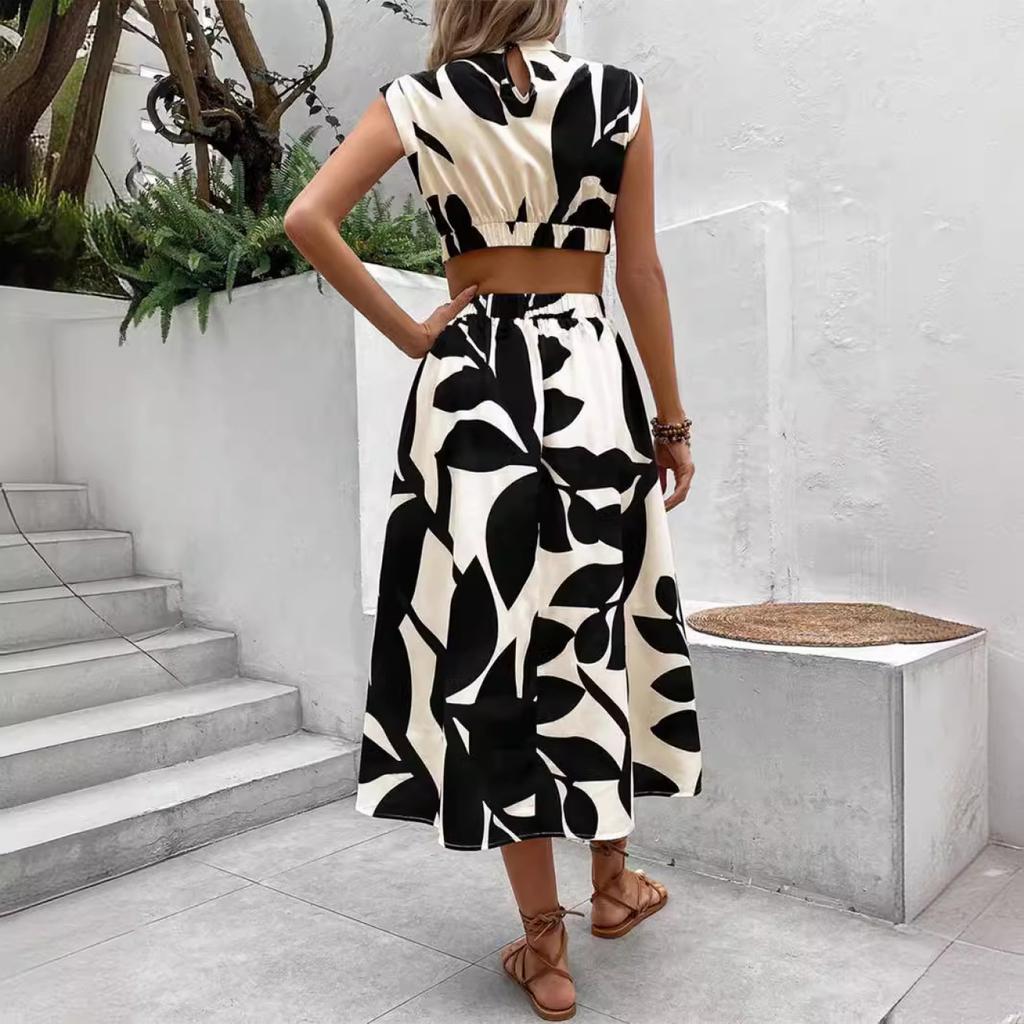 Abito lungo elegante da donna senza maniche, girocollo, vita aperta, stampa floreale