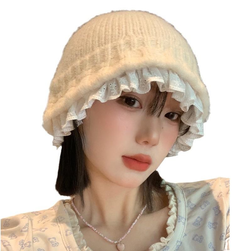 Lace Lace Knitted Hat Female Warm Sweet Versatile Face Small Wool Bucket Hat