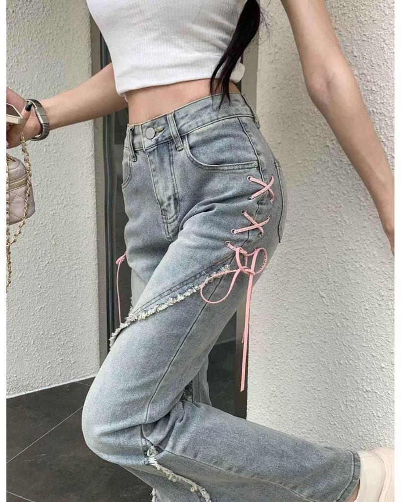 Women's 2024 Split Flare Jeans with Strap Design - American Style, Spring & Fall Casuals